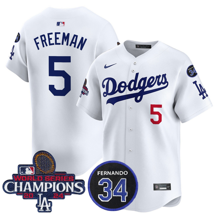 Men MLB Los Angeles Dodgers #5 Freeman white 2024 World Series Champions Patch Limited Jersey